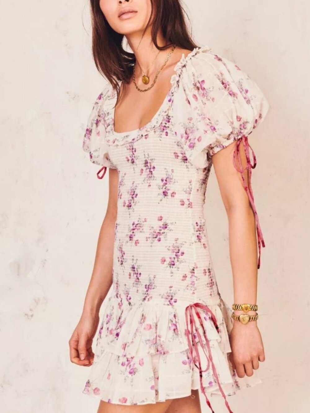 LoveShackFancy X AERIN Violet Smocked floral Puff Sleeve ruffle Mini tunic Dress - Picture 3 of 12